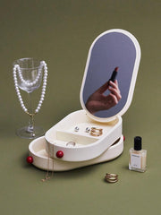 Cream jewelry box with built-in mirror and dual-layer storage
