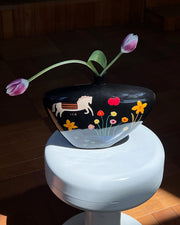 Ceramic horse vase with decorative floral and fruit motifs