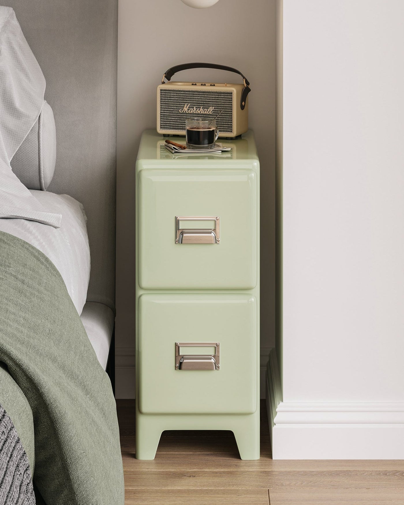 Matcha green narrow bedside cabinet with two drawers and metallic handles