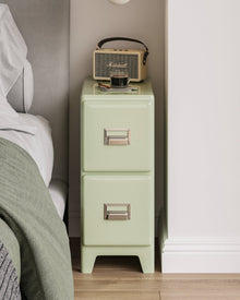 Matcha green narrow bedside cabinet with two drawers and metallic handles
