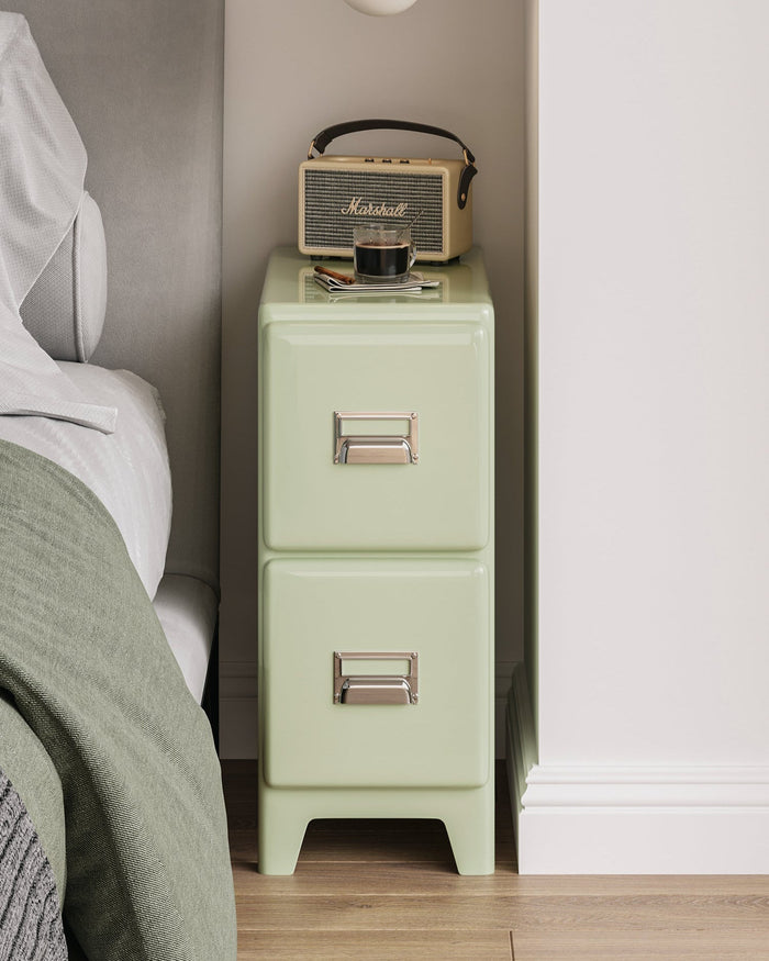 Matcha green narrow bedside cabinet with two drawers and metallic handles