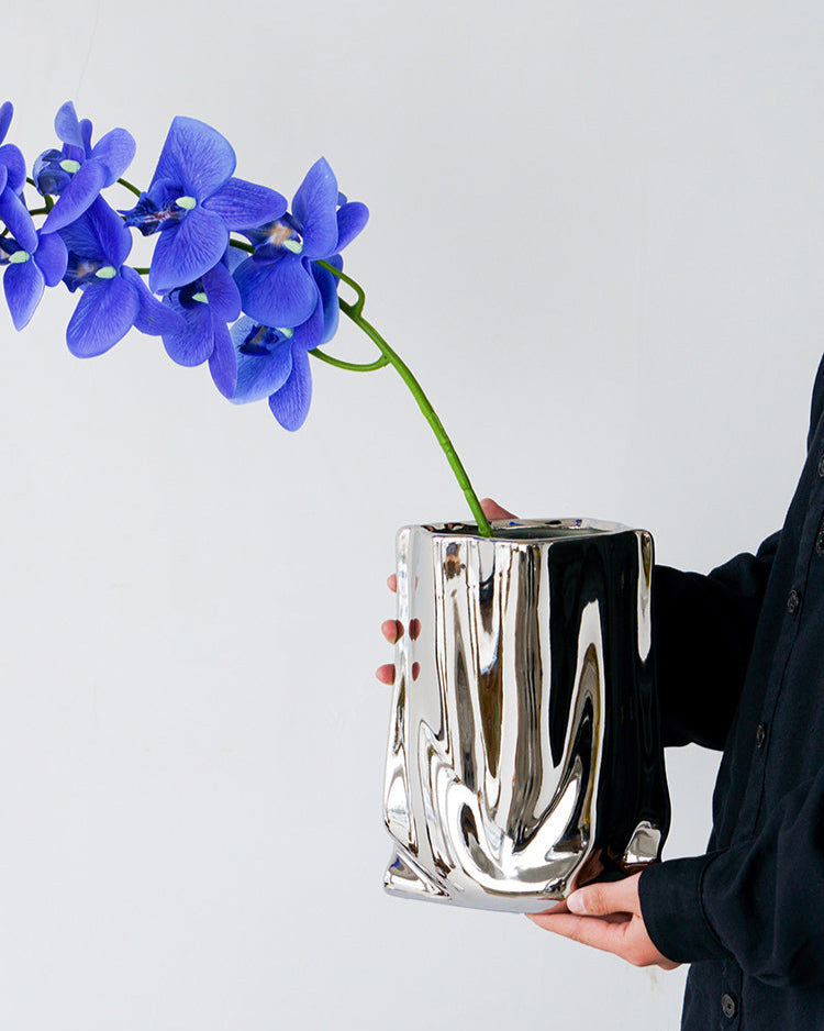 Modern silver ceramic flower vase for home decor