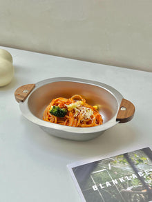 Bear-shaped stainless steel serving bowl with walnut wood ear handles