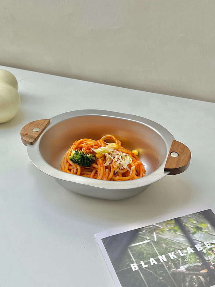 Bear-shaped stainless steel serving bowl with walnut wood ear handles