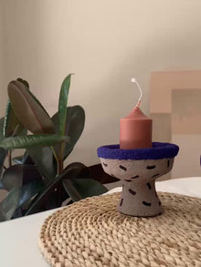 Hand-painted rustic ceramic candle holder with Moroccan-inspired pattern