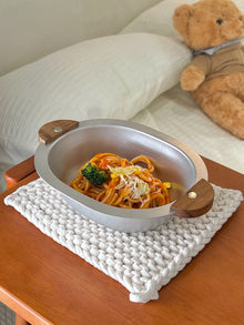 Bear-shaped stainless steel serving bowl with walnut wood ear handles