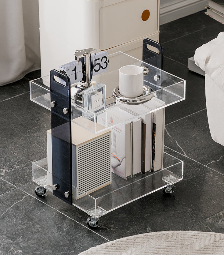 Clear acrylic two-tier bar cart with wheels for drinks and glassware