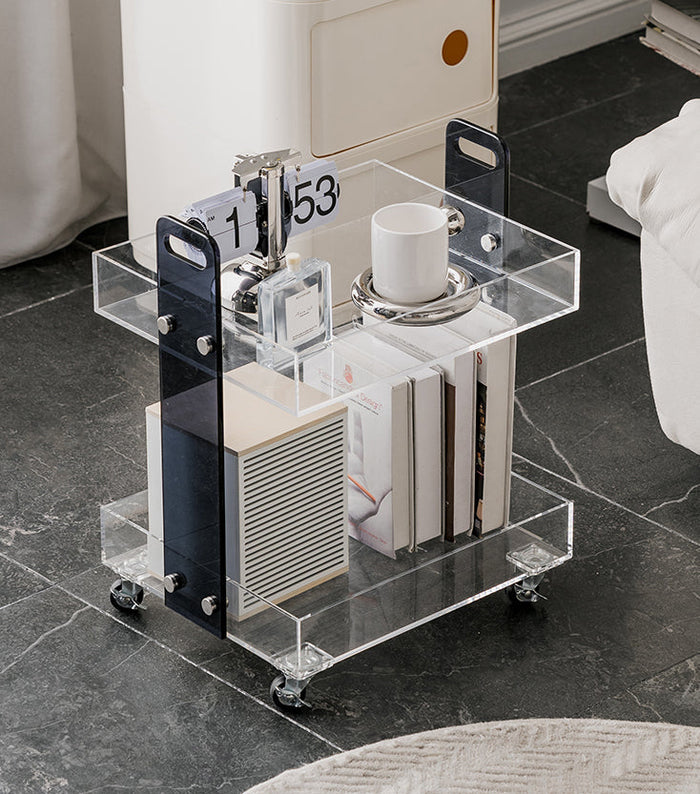 Clear acrylic two-tier bar cart with wheels for drinks and glassware