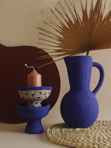 Hand-painted rustic ceramic candle holder with Moroccan-inspired pattern