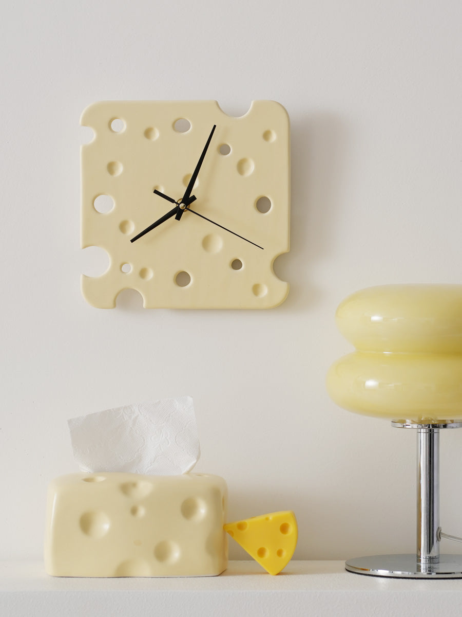 Yellow cheese shaped ceramic wall clock for kitchen or dining room decor