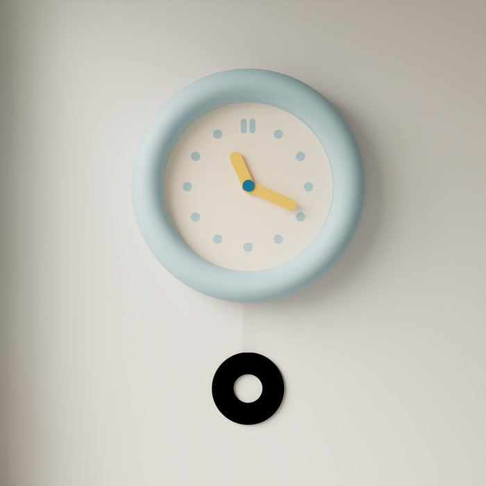 Baby blue silent wall clock with minimalist dial and pendulum