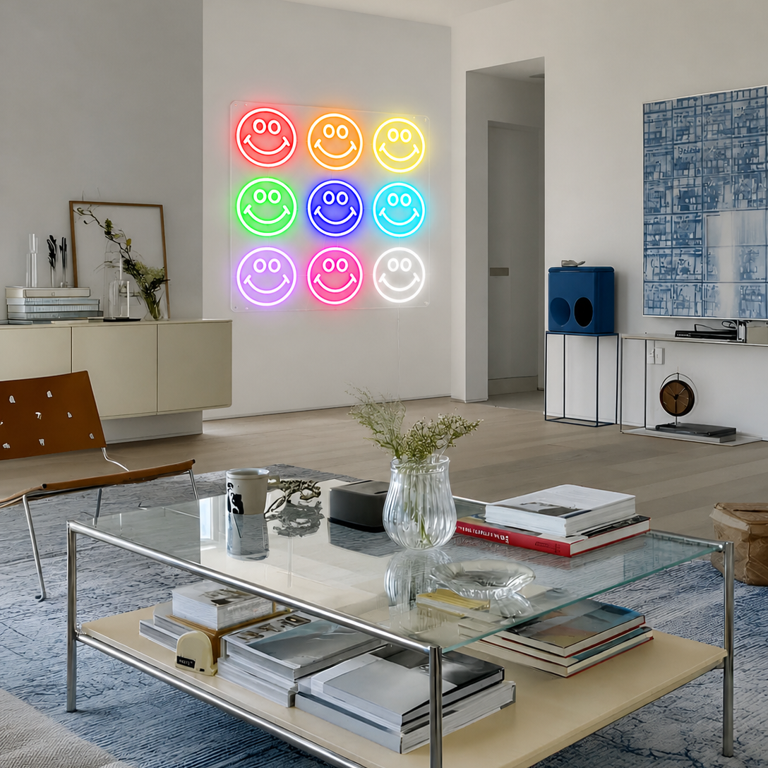 Smiley face LED neon sign for playful wall decor