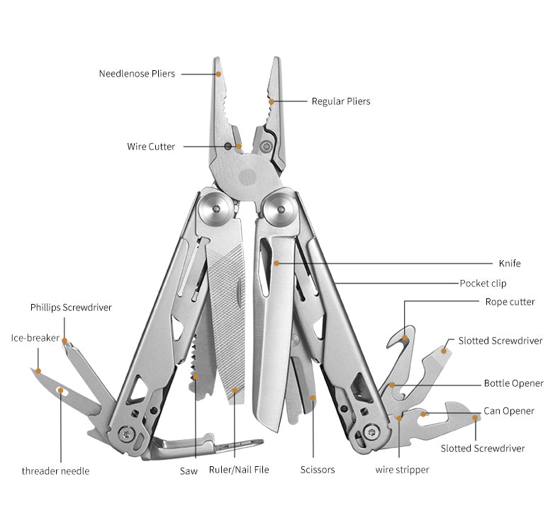 Ezüstszínű rozsdamentes acél multitool fogó