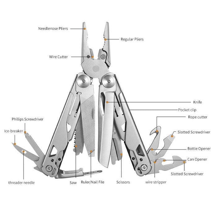 Ezüstszínű rozsdamentes acél multitool fogó