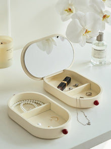 Cream jewelry box with built-in mirror and dual-layer storage
