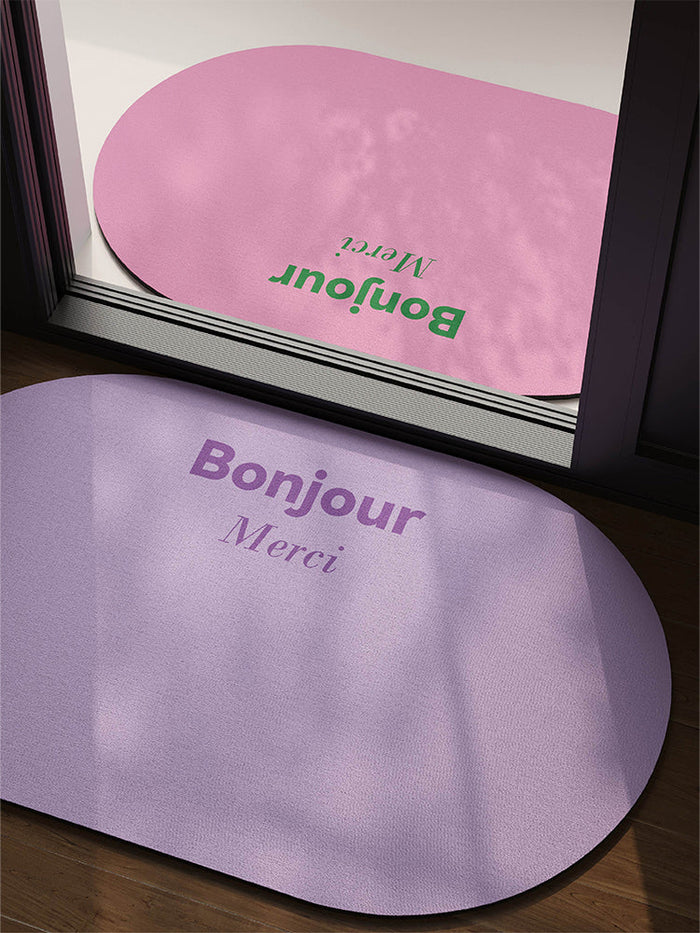 Pink Bonjour entryway doormat for front door, hallway, or porch