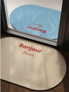 Pink Bonjour entryway doormat for front door, hallway, or porch