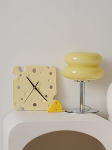 Yellow cheese shaped ceramic wall clock for kitchen or dining room decor