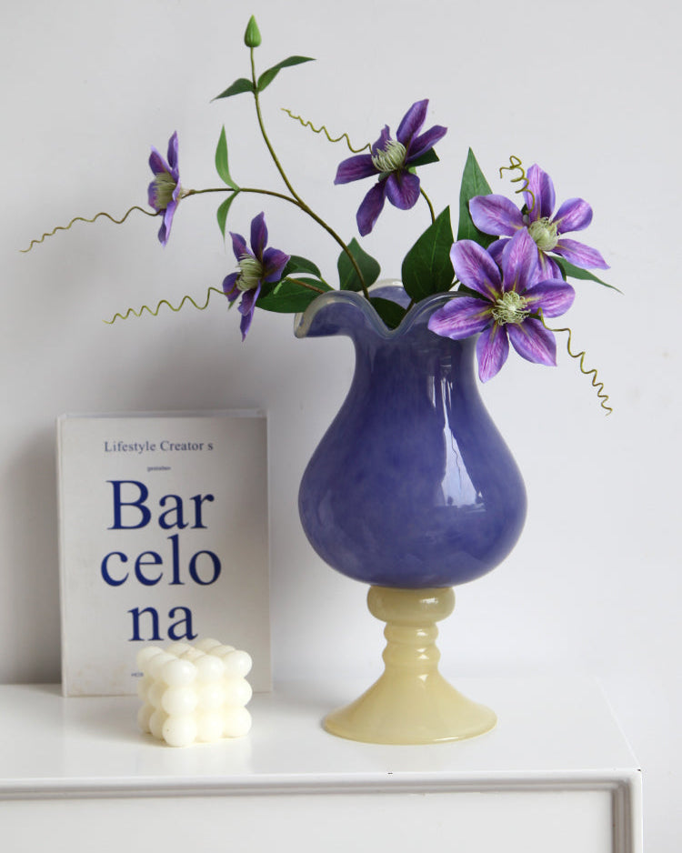 Purple glass flower vase for fresh or artificial floral arrangements