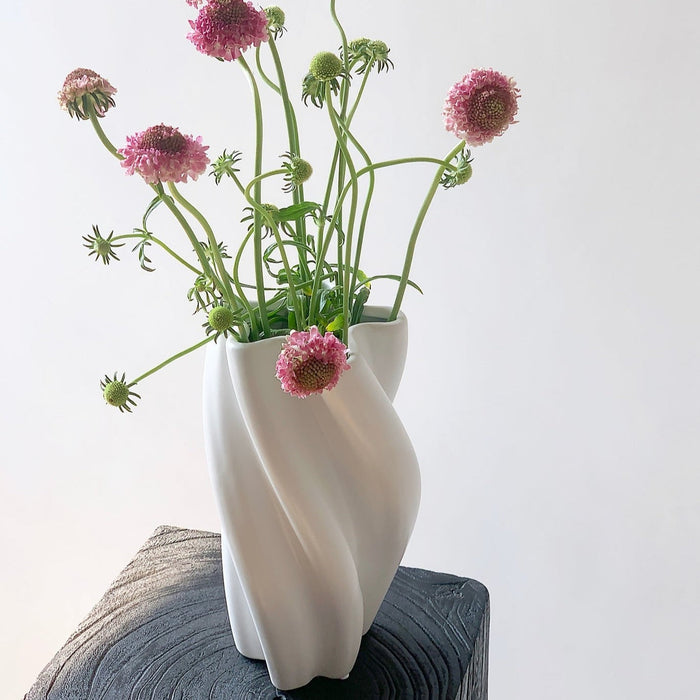 White twist ceramic vase with sculptural modern design