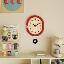 Red grid wall clock with pendulum and retro dot hour markers