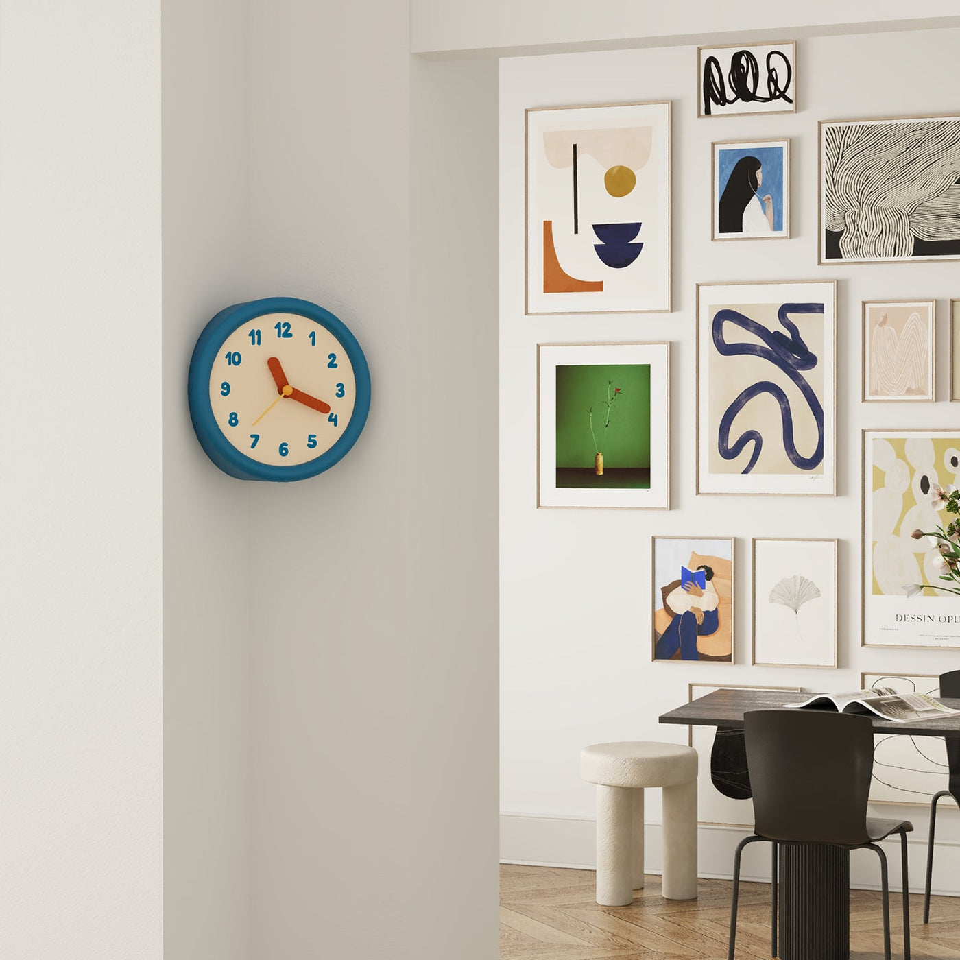 Blue corner wall clock with minimalist dot dial for a 90-degree wall edge