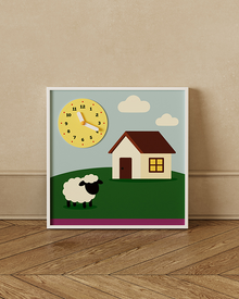 Sheep and house decorative wall clock with playful farm-inspired design