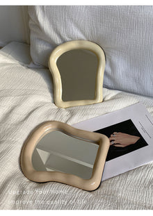 Beige toast-shaped ceramic mirror for desk, vanity, or home decor