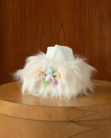 White fluffy dog tissue box cover with decorative bow clips