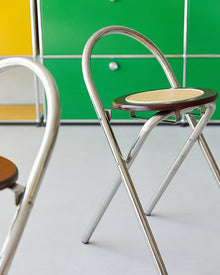 French-inspired walnut rattan folding stool with woven seat