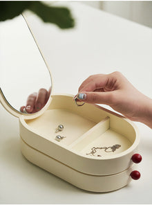 Cream jewelry box with built-in mirror and dual-layer storage