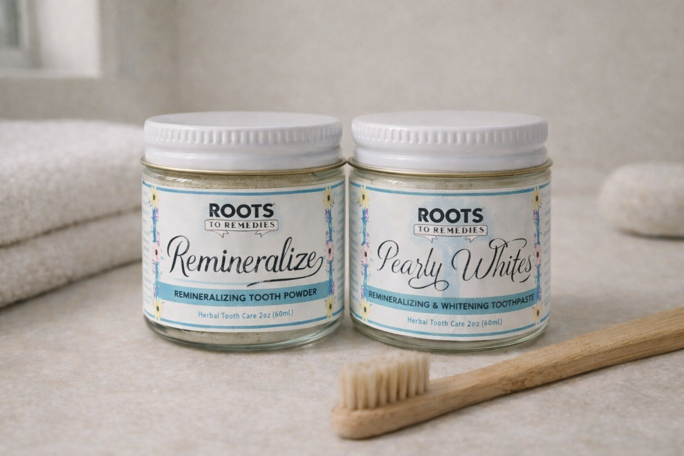 Jar of remineralizing herbal tooth powder for fluoride-free oral care