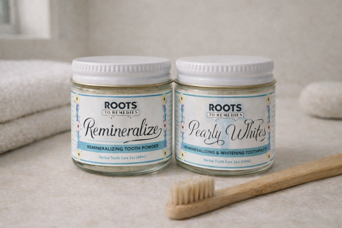 Jar of remineralizing herbal tooth powder for fluoride-free oral care