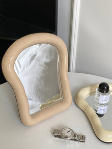 Beige toast-shaped ceramic mirror for desk, vanity, or home decor