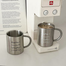 Stainless steel letter mug with black English text