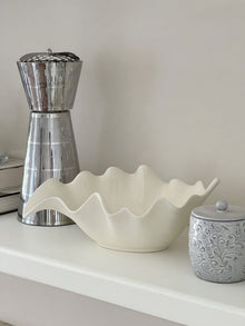 White ripple leaf ceramic tray with sculptural wavy shape