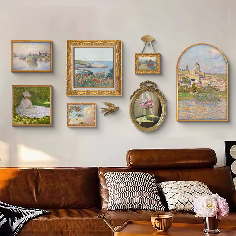 Vintage French 8-piece gallery wall art set with landscape and floral prints