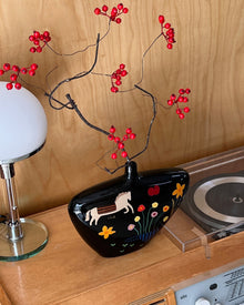 Ceramic horse vase with decorative floral and fruit motifs