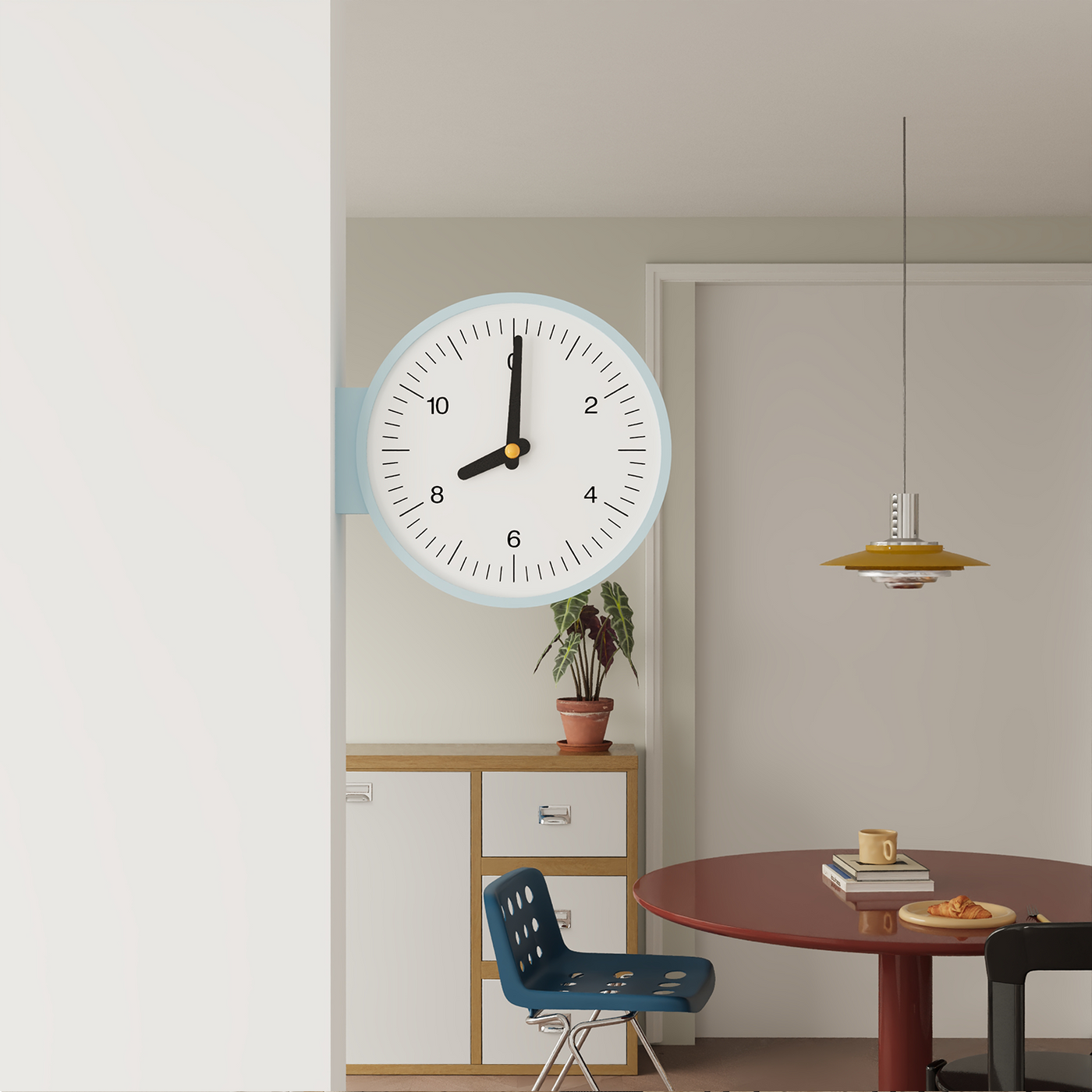 White minimalist double-sided corner clock with retro-inspired dial
