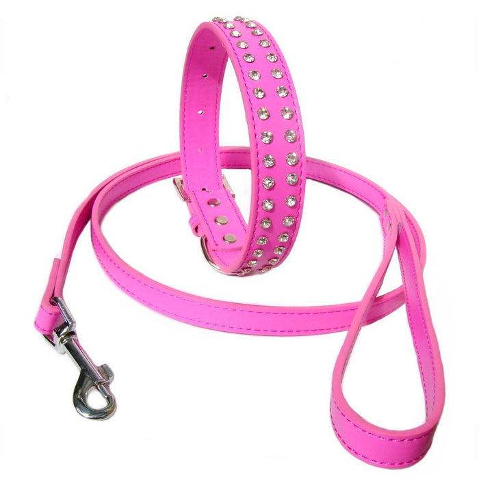 Hot pink nyakörv és póráz szett strasszkövekkel