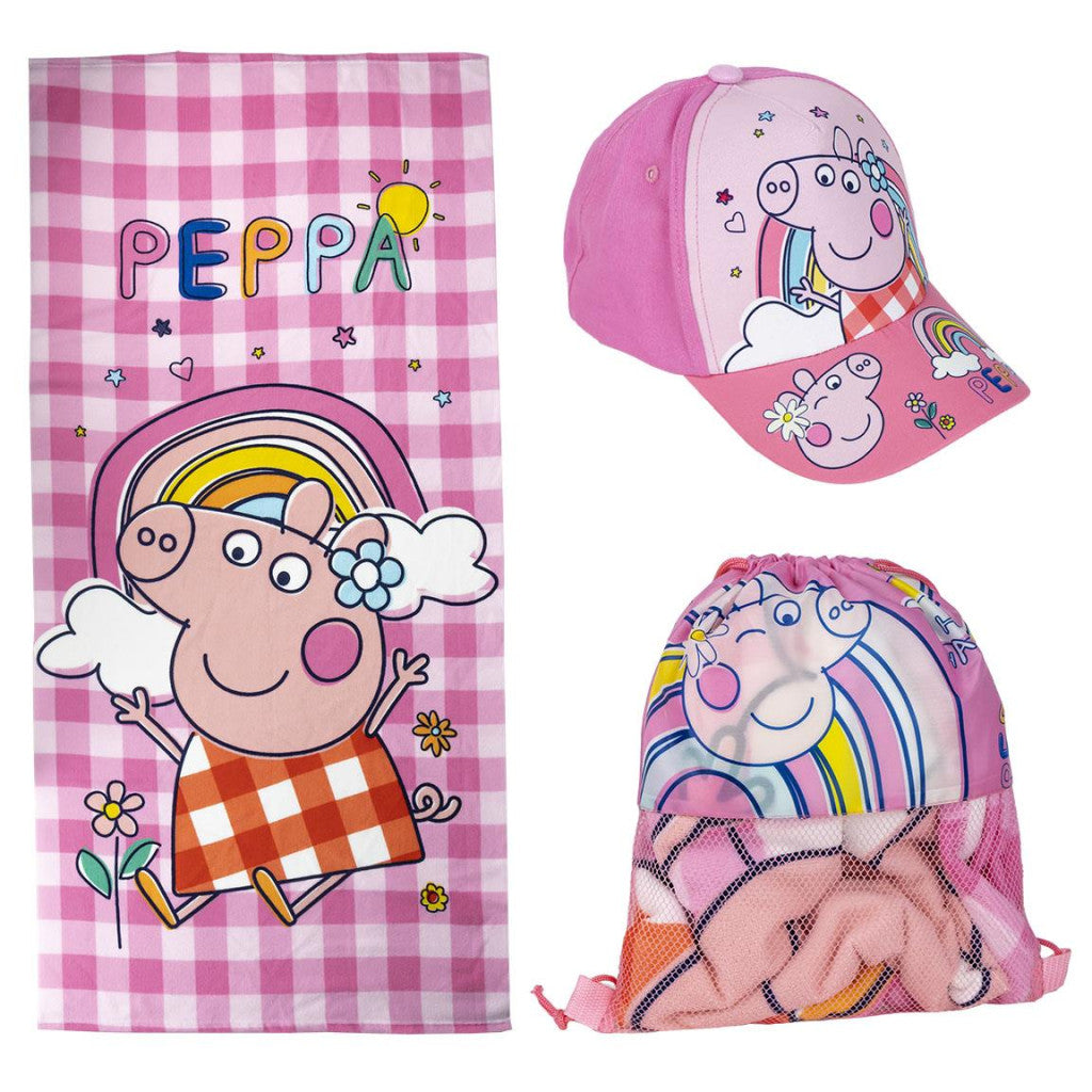 Peppa malac gyerek strand szett sapkával, tornazsákkal és törölközővel