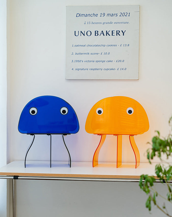 Jellyfish-inspired acrylic bookshelf with orange head and legs