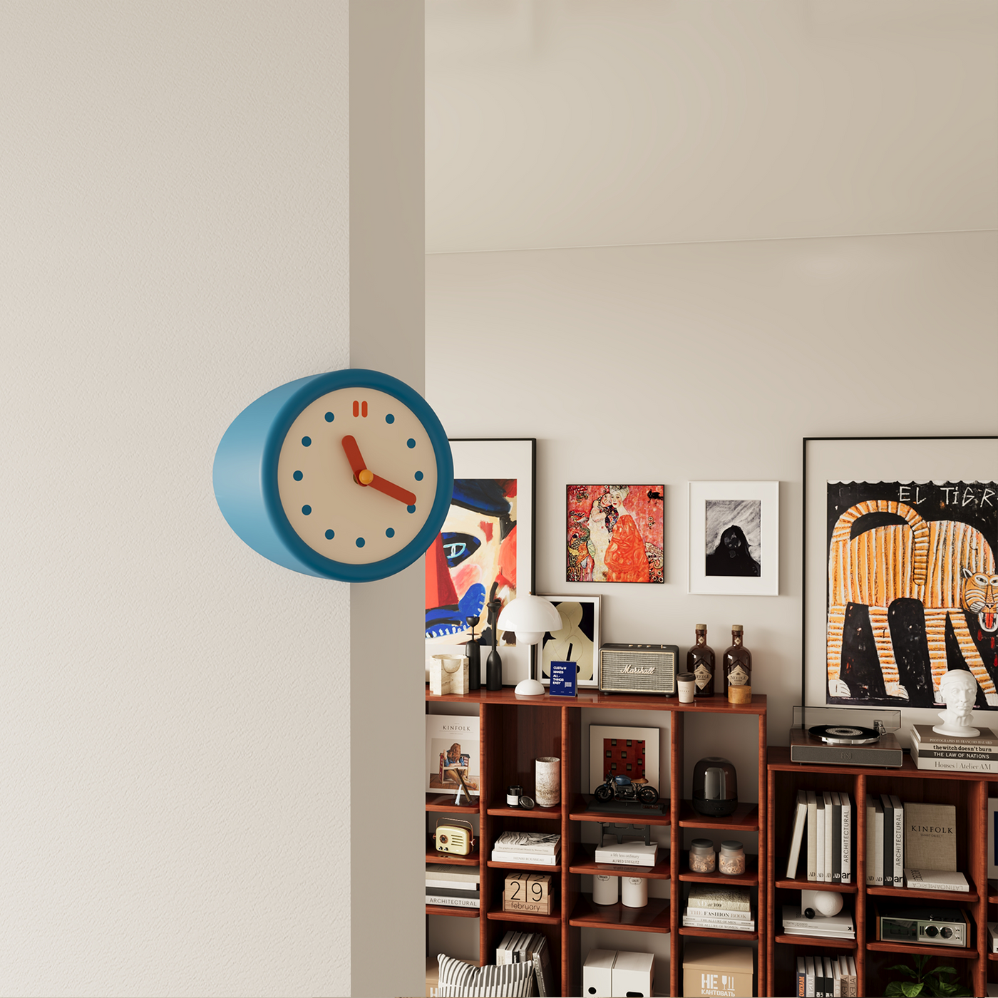 Blue corner clock with dot dial for modern home decor