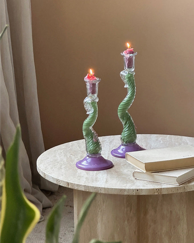 Iridescent glass taper candle holder with twisted stem in green and purple tones