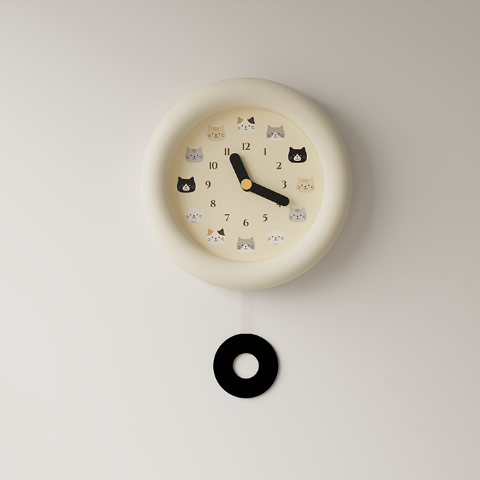 Cute cat wall clock with pendulum and illustrated feline hour markers