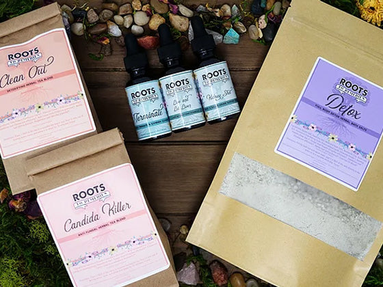 Full body herbal detox bundle with teas, tinctures, and bath salts