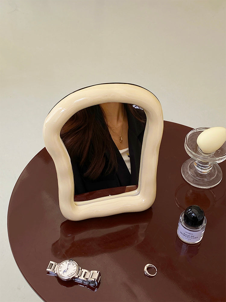 Beige toast-shaped ceramic mirror for desk, vanity, or home decor