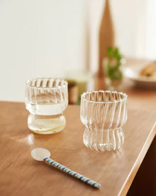 Striped glass tumbler for coffee, water, and iced drinks
