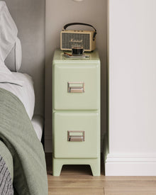 Matcha green narrow bedside cabinet with two drawers and metallic handles