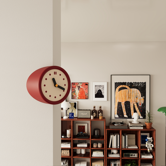 Red corner clock with dot dial for decorative home styling